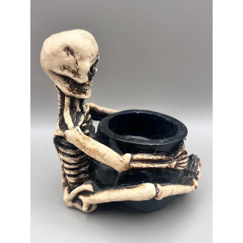 Skeleton Sitting w/ Cauldron Tea Light Candle Holder Gothic Resin Decor‎ 3.5
